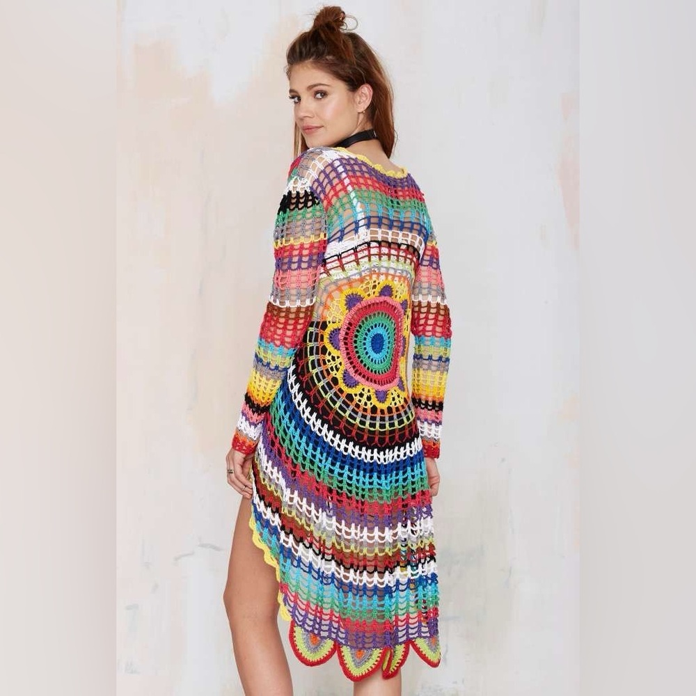 UNIF Rainbow Mandala Crochet Net Cover Up Cardigan/Kimono - Small - LIKE NEW